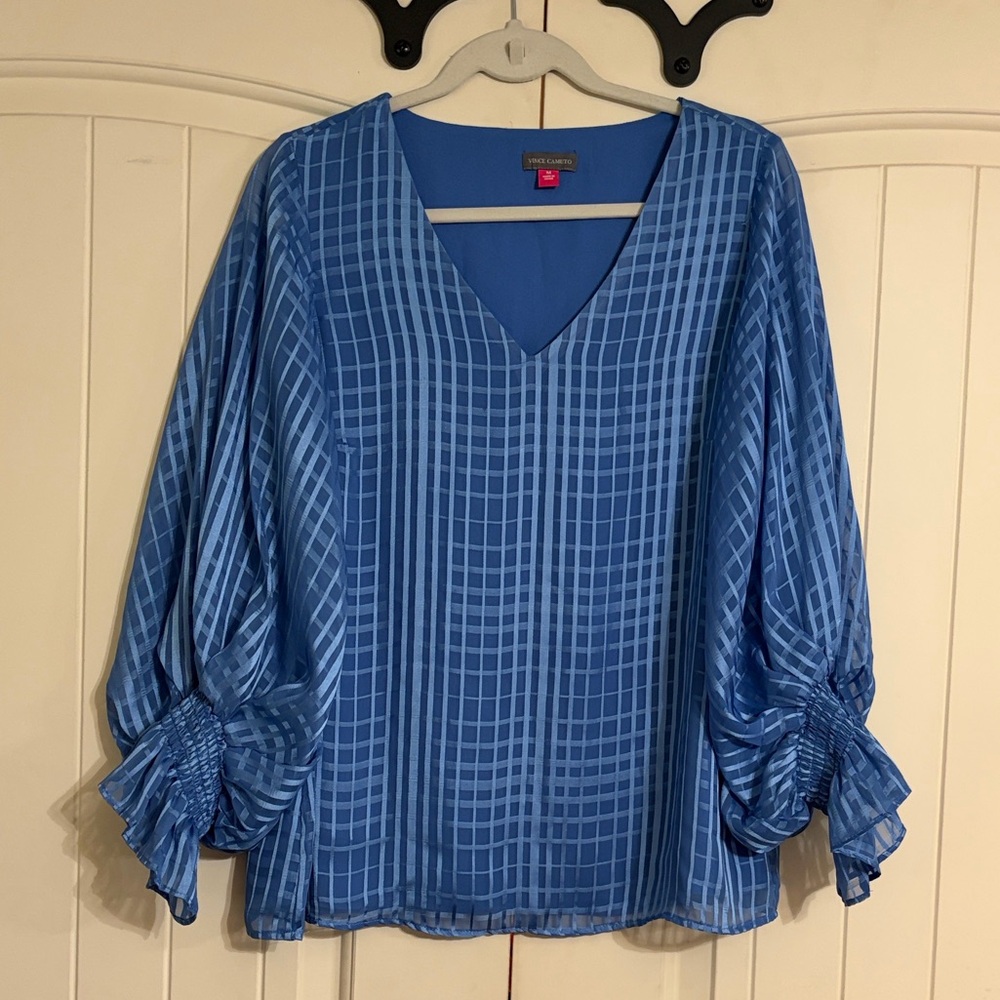 Vince Camuto Blue Grid V-Neck lined with sheer overlay Blouse size M